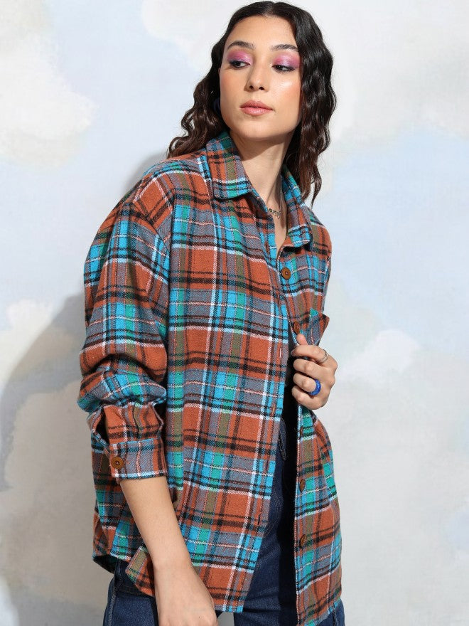 Tokyo Talkies Women Terracotta Checked Oversized Fit Casual Shirt - Terracotta - Image 6