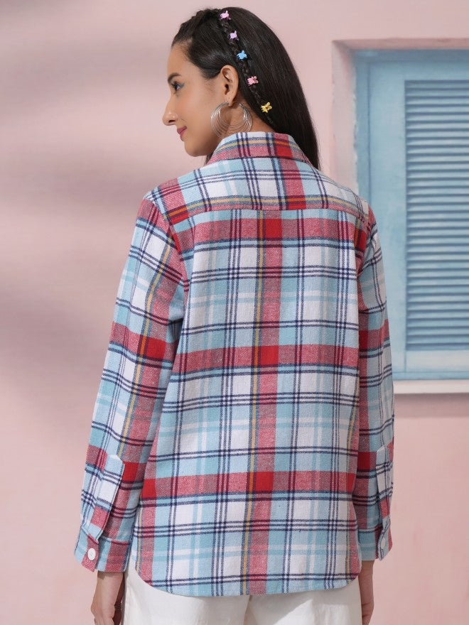 Tokyo Talkies Women White Checked Oversized Fit Casual Shirt - White - Image 3
