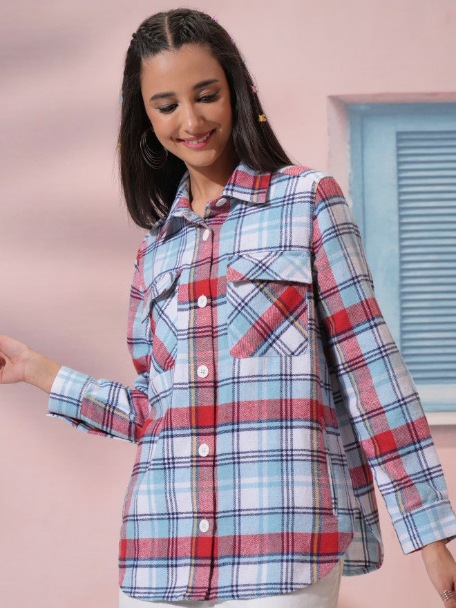 Tokyo Talkies Women White Checked Oversized Fit Casual Shirt - White - Image 4