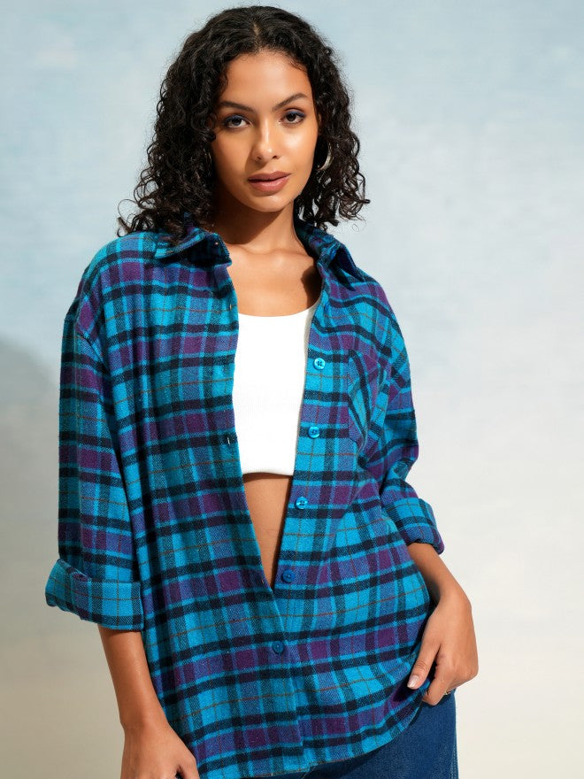 Tokyo Talkies Women Blue Checked Oversized Fit Casual Shirt - Blue - Image 3