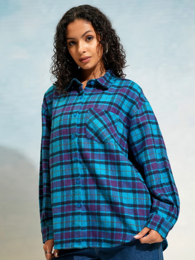 Tokyo Talkies Women Blue Checked Oversized Fit Casual Shirt - Blue - Image 4