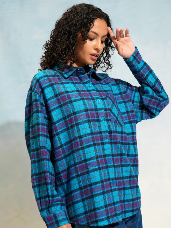 Tokyo Talkies Women Blue Checked Oversized Fit Casual Shirt - Blue - Image 6