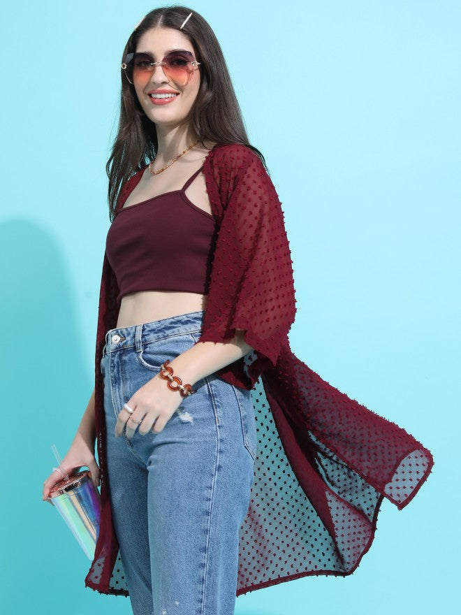 Tokyo Talkies Women Maroon Self Design Shrug - Maroon - Image 1