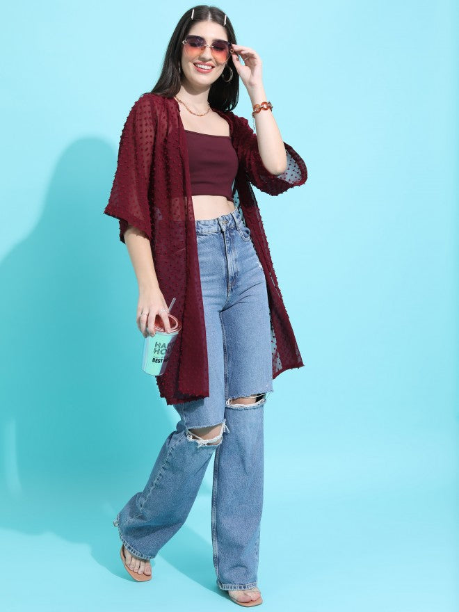 Tokyo Talkies Women Maroon Self Design Shrug - Maroon - Image 2