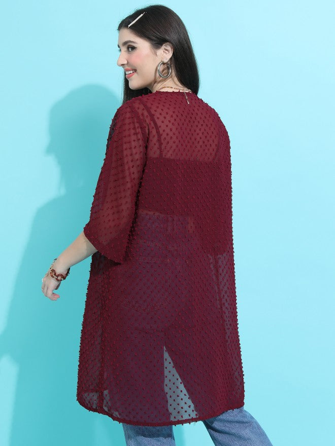 Tokyo Talkies Women Maroon Self Design Shrug - Maroon - Image 3