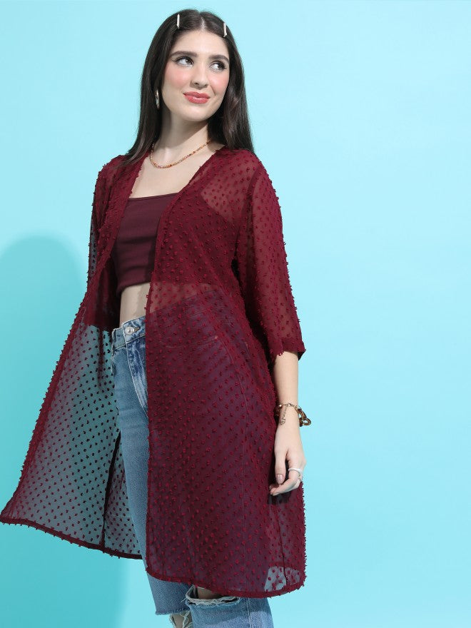 Tokyo Talkies Women Maroon Self Design Shrug - Maroon - Image 4