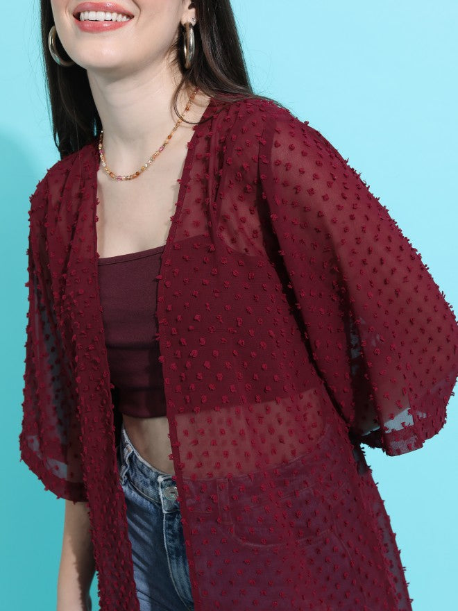 Tokyo Talkies Women Maroon Self Design Shrug - Maroon - Image 5