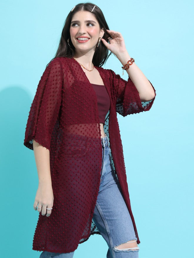 Tokyo Talkies Women Maroon Self Design Shrug - Maroon - Image 6