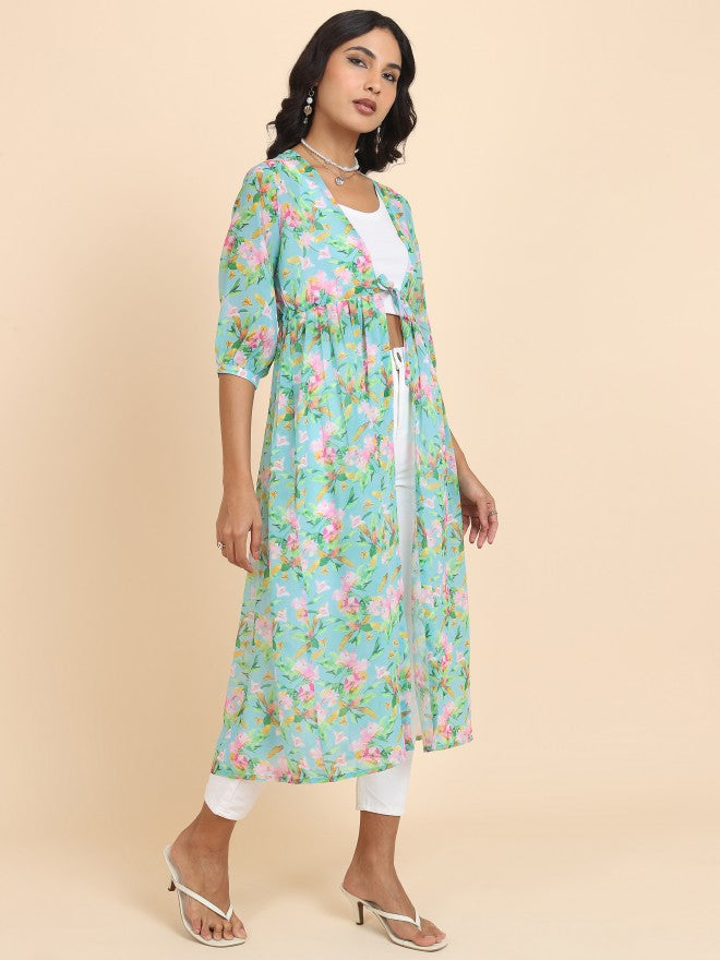 Tokyo Talkies Women Blue Printed Shrug - Blue - Image 4