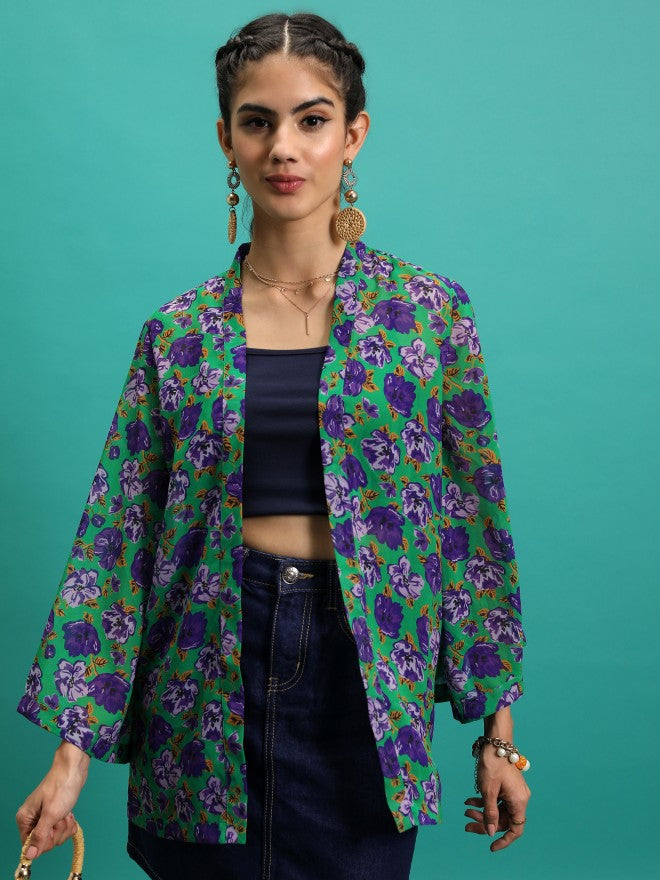 Tokyo Talkies Women Purple Printed Shrug - Purple - Image 1