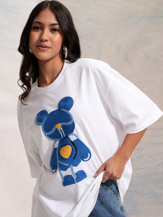 Tokyo Talkies Women White Applique Round Neck Oversized Fit T-Shirt - White - Image 1