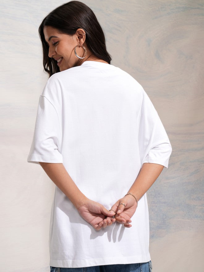 Tokyo Talkies Women White Applique Round Neck Oversized Fit T-Shirt - White - Image 3