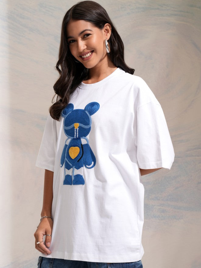 Tokyo Talkies Women White Applique Round Neck Oversized Fit T-Shirt - White - Image 4