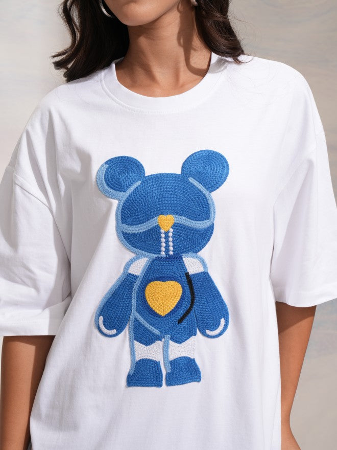 Tokyo Talkies Women White Applique Round Neck Oversized Fit T-Shirt - White - Image 5
