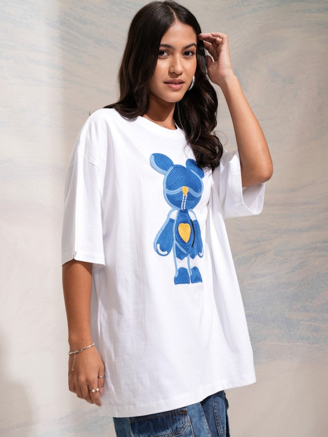 Tokyo Talkies Women White Applique Round Neck Oversized Fit T-Shirt - White - Image 6