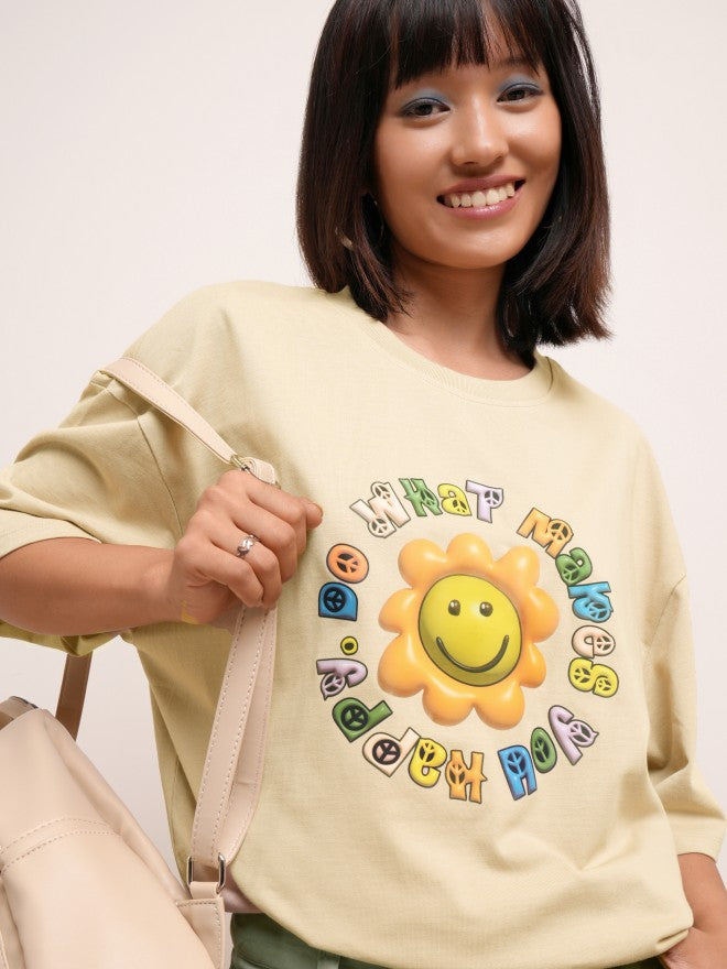 Tokyo Talkies Women Brown Printed Round Neck Oversized Fit T-Shirt - Brown - Image 1