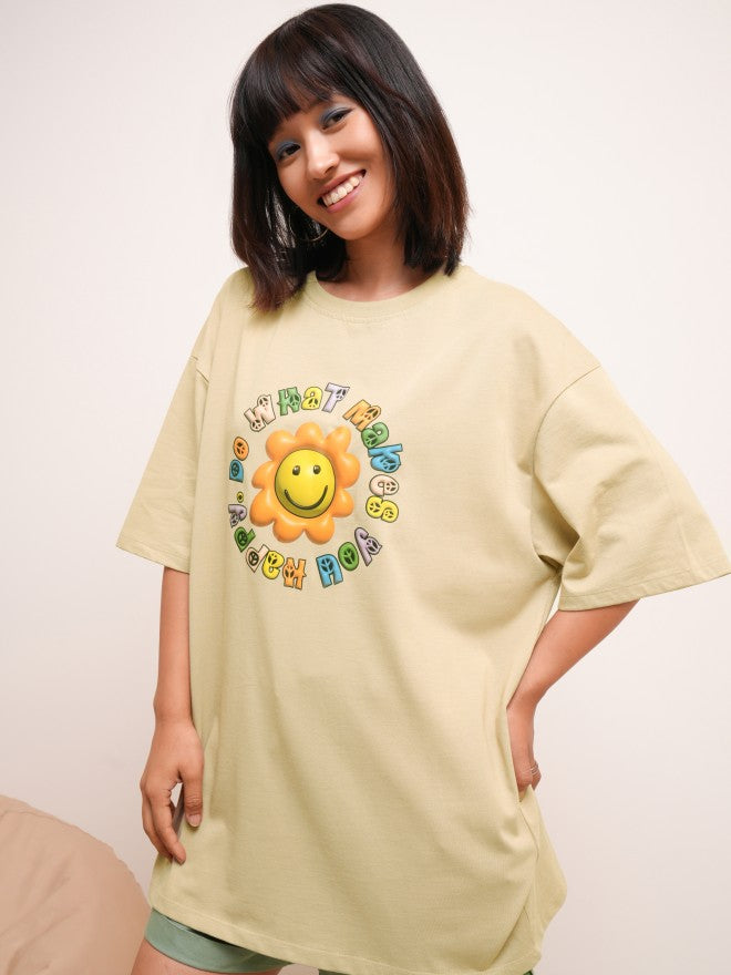 Tokyo Talkies Women Brown Printed Round Neck Oversized Fit T-Shirt - Brown - Image 4