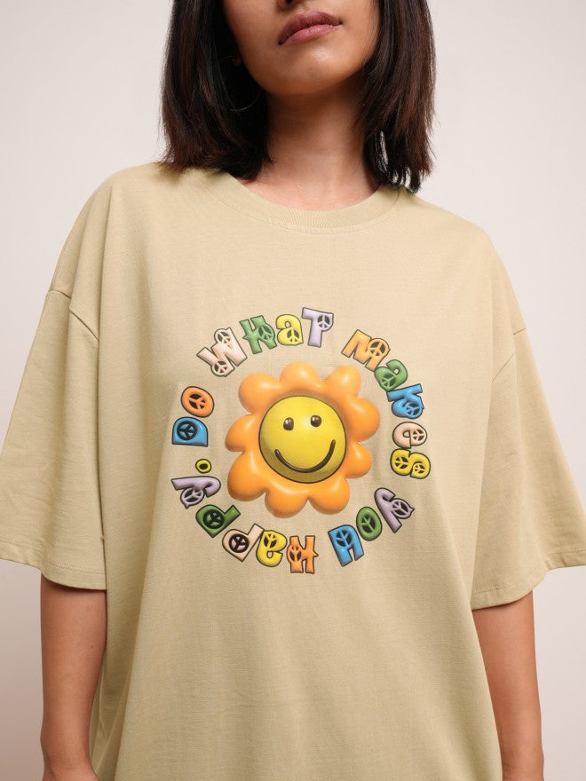 Tokyo Talkies Women Brown Printed Round Neck Oversized Fit T-Shirt - Brown - Image 5