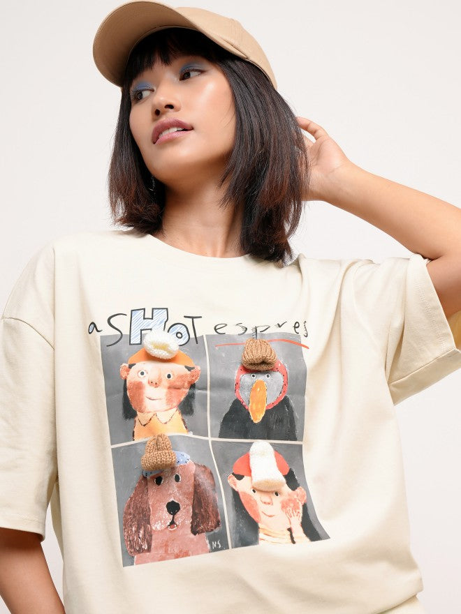 Tokyo Talkies Women Beige Printed Round Neck Oversized Fit T-Shirt - Beige - Image 1