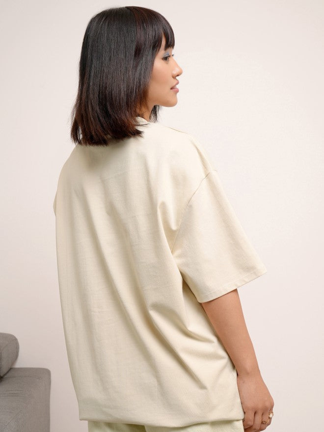 Tokyo Talkies Women Beige Printed Round Neck Oversized Fit T-Shirt - Beige - Image 3