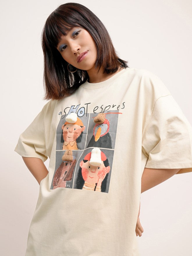 Tokyo Talkies Women Beige Printed Round Neck Oversized Fit T-Shirt - Beige - Image 4