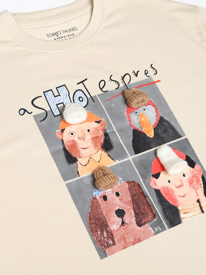 Tokyo Talkies Women Beige Printed Round Neck Oversized Fit T-Shirt - Beige - Image 7