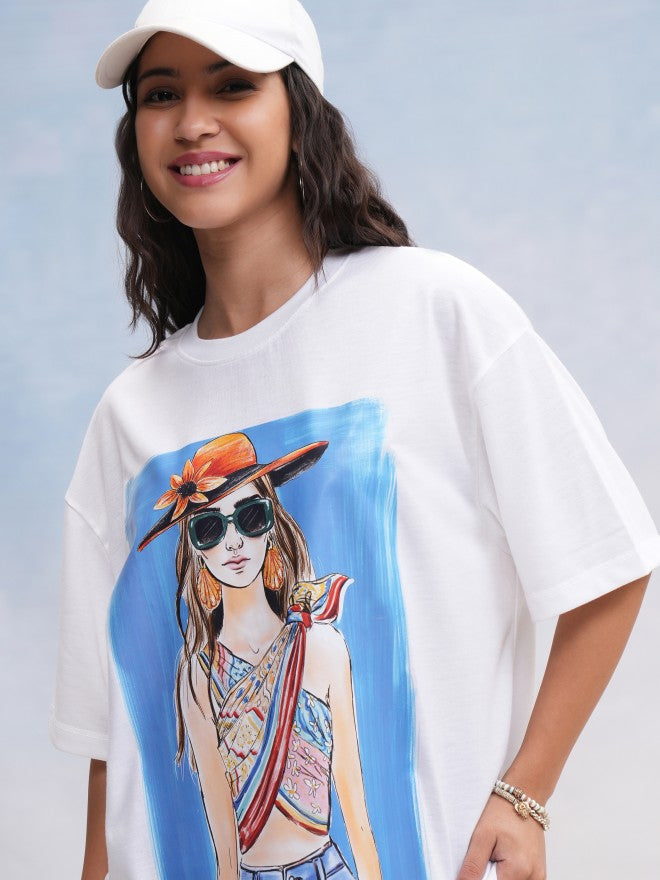 Tokyo Talkies Women White Printed Oversized Fit T-Shirt - White - Image 1