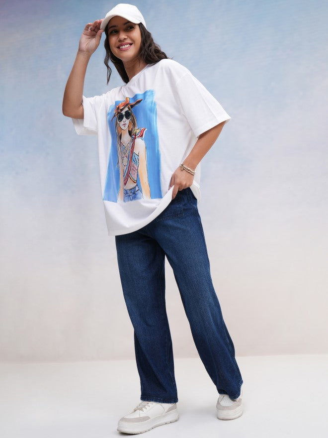 Tokyo Talkies Women White Printed Oversized Fit T-Shirt - White - Image 2
