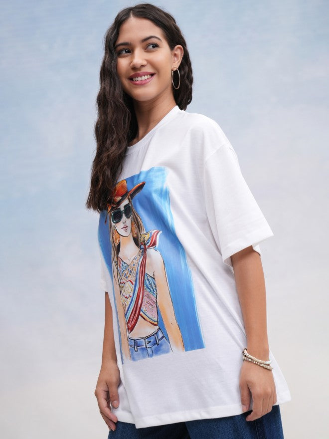 Tokyo Talkies Women White Printed Oversized Fit T-Shirt - White - Image 4