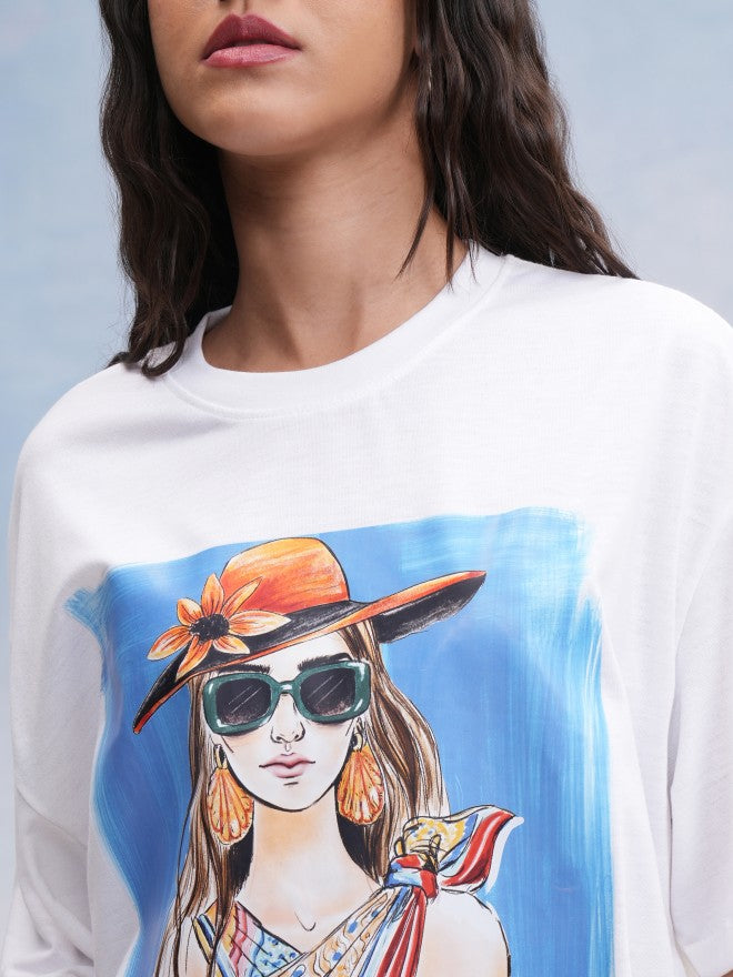 Tokyo Talkies Women White Printed Oversized Fit T-Shirt - White - Image 5