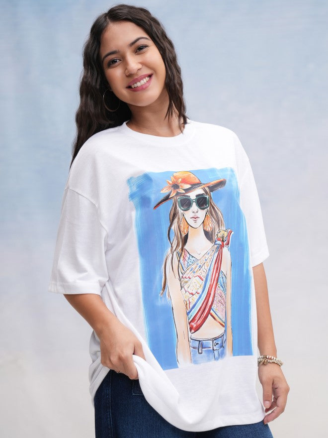 Tokyo Talkies Women White Printed Oversized Fit T-Shirt - White - Image 6