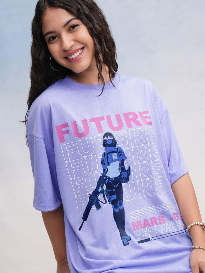 Tokyo Talkies Women Lavender Printed Oversized Fit T-Shirt - Lavender - Image 1
