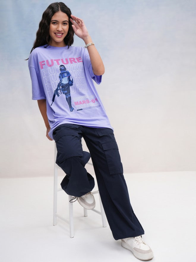 Tokyo Talkies Women Lavender Printed Oversized Fit T-Shirt - Lavender - Image 2