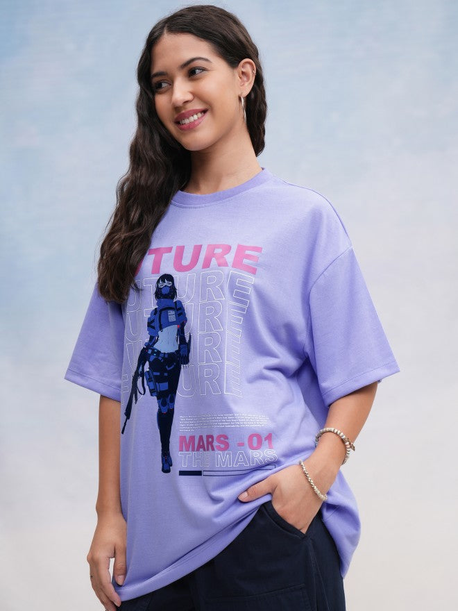 Tokyo Talkies Women Lavender Printed Oversized Fit T-Shirt - Lavender - Image 4