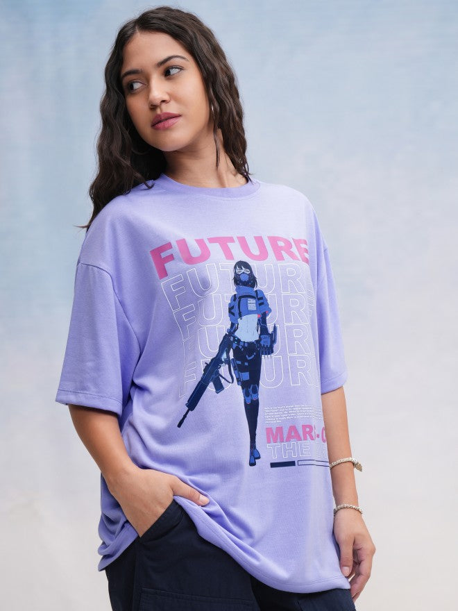 Tokyo Talkies Women Lavender Printed Oversized Fit T-Shirt - Lavender - Image 6