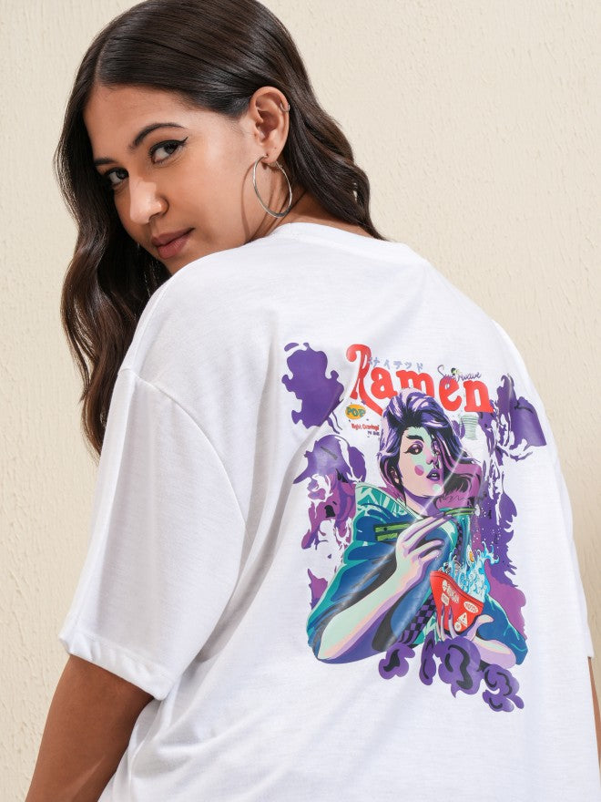 Tokyo Talkies Women White Printed Round Neck Oversized Fit T-Shirt - White - Image 1