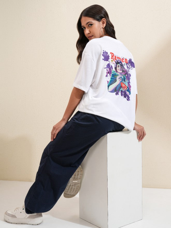 Tokyo Talkies Women White Printed Round Neck Oversized Fit T-Shirt - White - Image 2