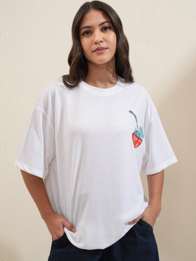 Tokyo Talkies Women White Printed Round Neck Oversized Fit T-Shirt - White - Image 3