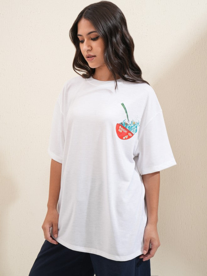 Tokyo Talkies Women White Printed Round Neck Oversized Fit T-Shirt - White - Image 4