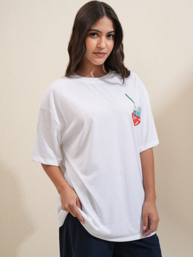 Tokyo Talkies Women White Printed Round Neck Oversized Fit T-Shirt - White - Image 6