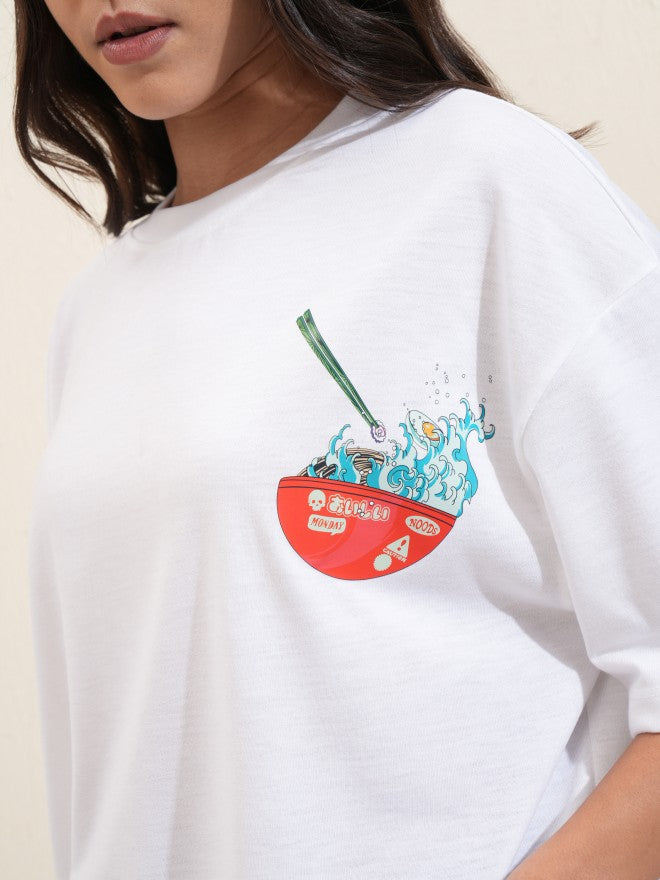 Tokyo Talkies Women White Printed Round Neck Oversized Fit T-Shirt - White - Image 7