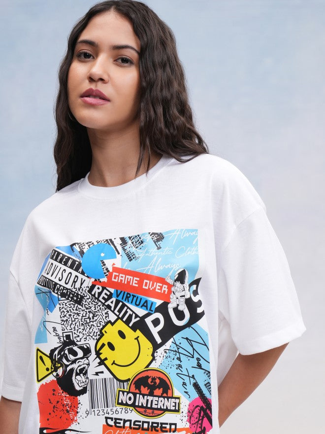 Tokyo Talkies Women White Printed Oversized Fit T-Shirt - White - Image 1