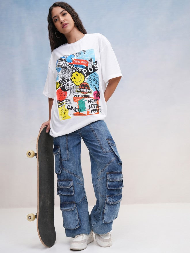 Tokyo Talkies Women White Printed Oversized Fit T-Shirt - White - Image 2