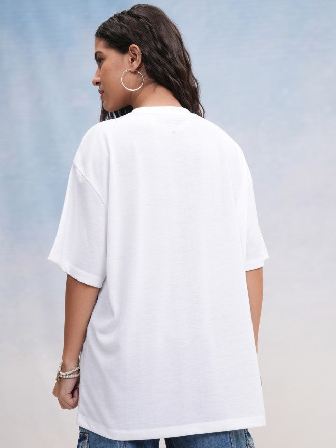 Tokyo Talkies Women White Printed Oversized Fit T-Shirt - White - Image 3