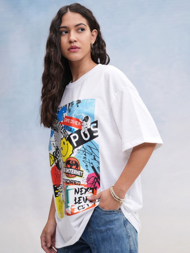 Tokyo Talkies Women White Printed Oversized Fit T-Shirt - White - Image 4