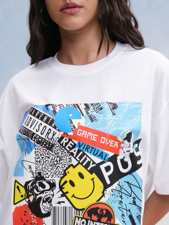 Tokyo Talkies Women White Printed Oversized Fit T-Shirt - White - Image 5