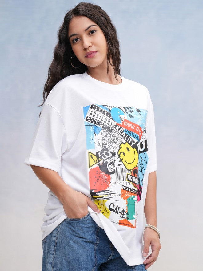 Tokyo Talkies Women White Printed Oversized Fit T-Shirt - White - Image 6