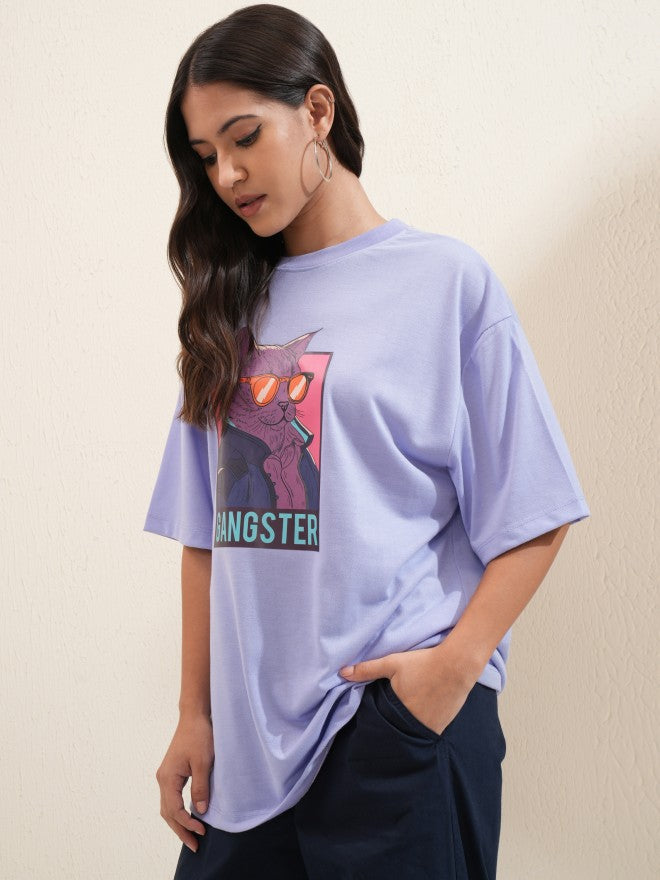 Tokyo Talkies Women Lavender Printed Round Neck Oversized Fit T-Shirt - Lavender - Image 4