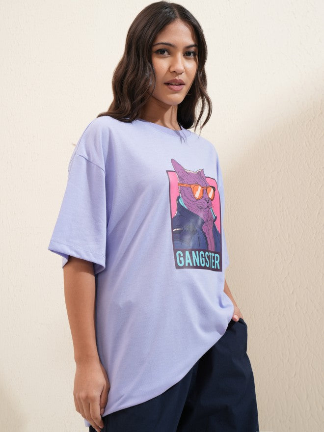 Tokyo Talkies Women Lavender Printed Round Neck Oversized Fit T-Shirt - Lavender - Image 6