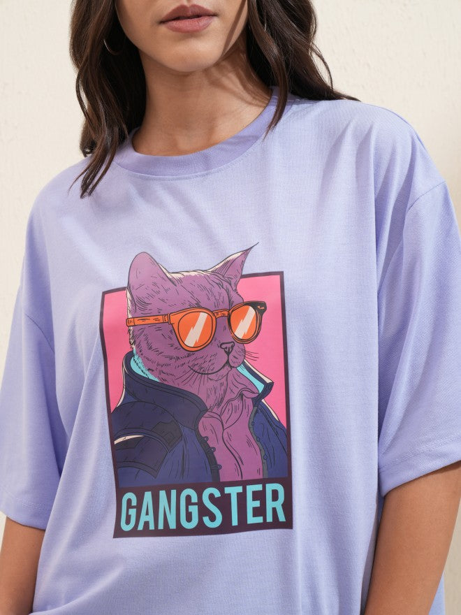 Tokyo Talkies Women Lavender Printed Round Neck Oversized Fit T-Shirt - Lavender - Image 7